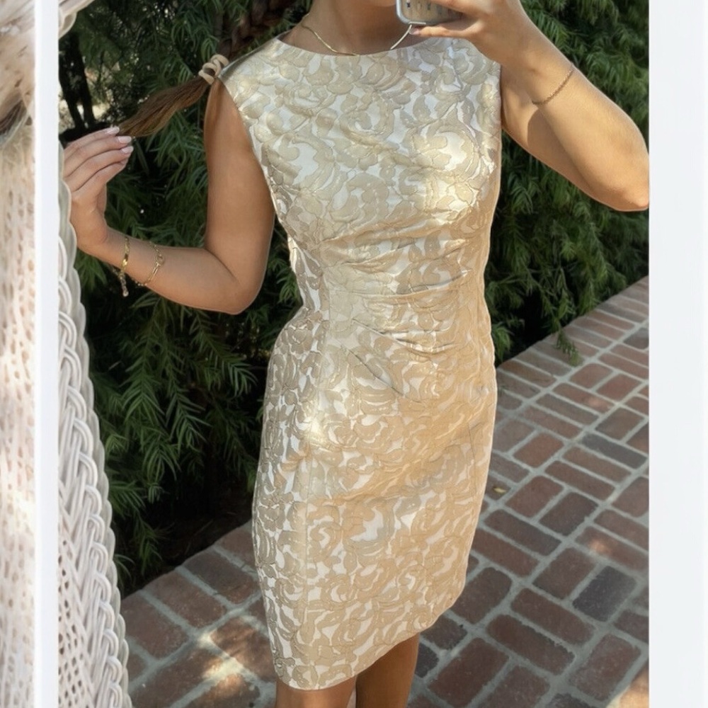SALE!NWT Lauren Ralph Lauren 10 Gold Ivory Damask Sheath Dress Side Pleat Detail